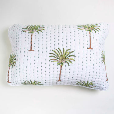 Green Block Printed Kantha Quilted Cotton Pillow Cover