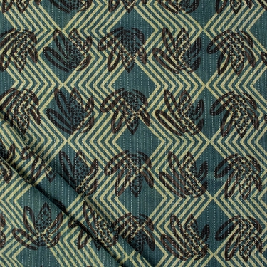 Green Floral Dabu Hand Block Print Kantha Fabric
