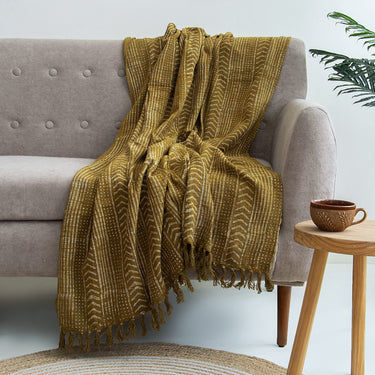 Green Hand Block Print Couch Throw Blanket & Home Decor Items