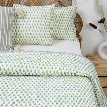 Green Leaf Print Kantha Bed Blankets