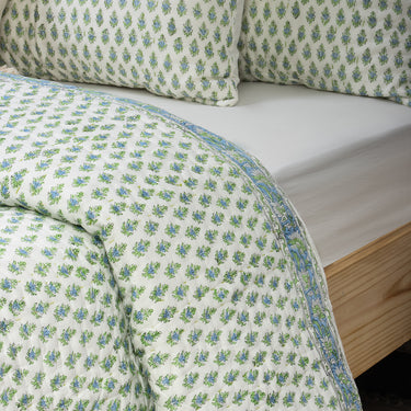 Green Leaf Print Kantha Bed Blankets