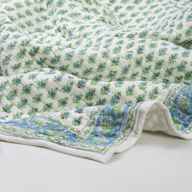 Green Leaf Print Kantha Bed Blankets