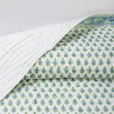 Green Leaf Print Kantha Bed Blankets