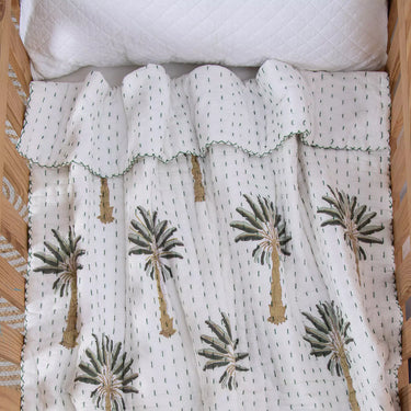 Green Palm Hand Block Printed Cotton Baby Quilt Blankets