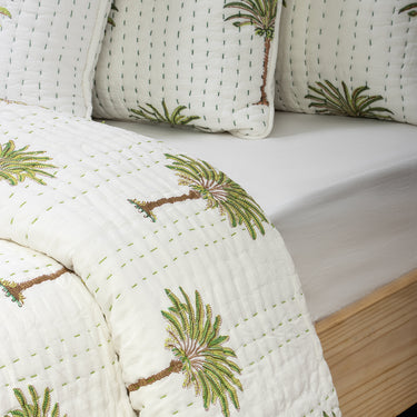 Green Palm Tree Print Cotton Kantha Quilt For Heavy Winter