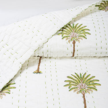 Green Palm Tree Print Cotton Kantha Quilt For Heavy Winter