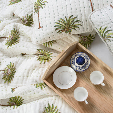Green Palm Tree Print Cotton Kantha Quilt For Heavy Winter