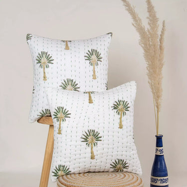Green Palm Tree Printed Kantha 18x18 Cushion Covers
