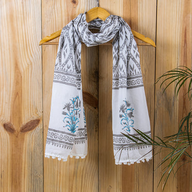 Grey Floral Block Printed Cotton Stole For Women