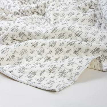 Grey Leaf Print Kantha Winter Blanket