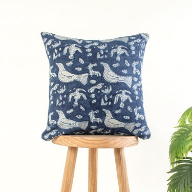 Hand Block Blue Bird Cotton Canvas Cushion Cover
