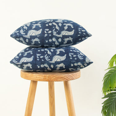 Hand Block Blue Bird Cotton Canvas Cushion Cover