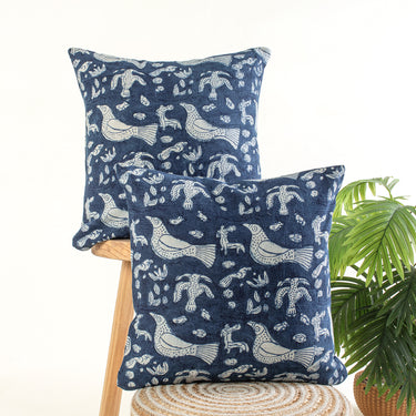 Hand Block Blue Bird Cotton Canvas Cushion Cover