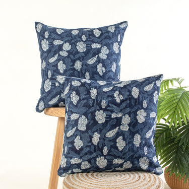 Hand Block Flower Print Indigo Canvas Cushion Cover