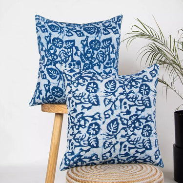 Hand Block Indigo Leaf Printed Pure Cotton Soft Cushion Cover
