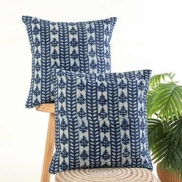 Hand Block Print Blue Cotton Canvas Cushion Cover