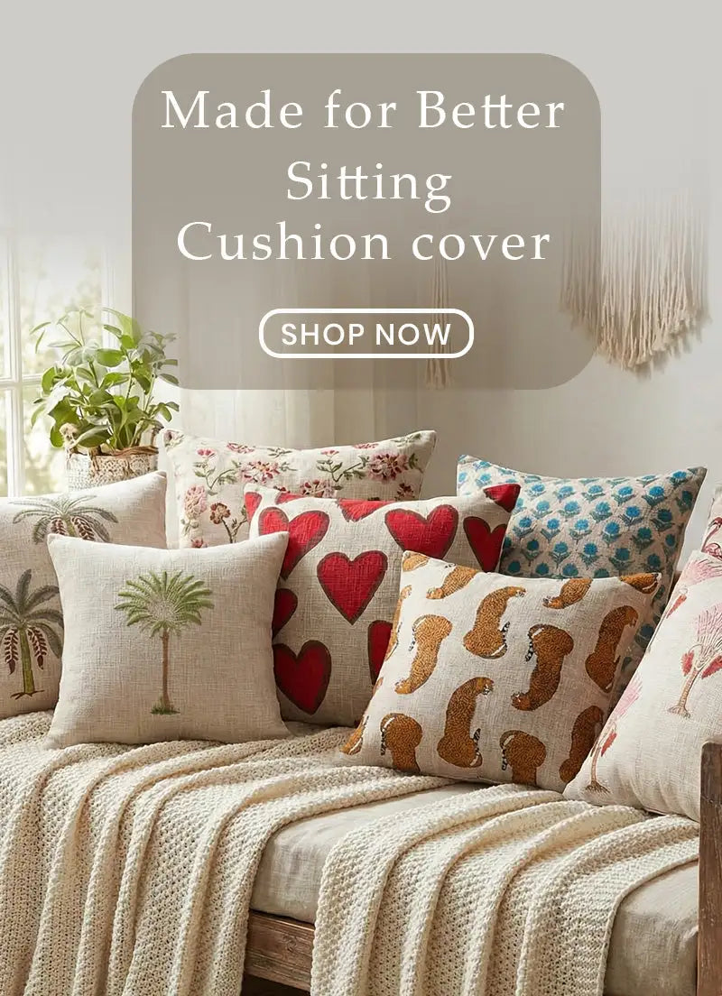 Decorative cushions on a sofa with text 'Made for Better Sitting Cushion cover' and 'Shop Now' button.