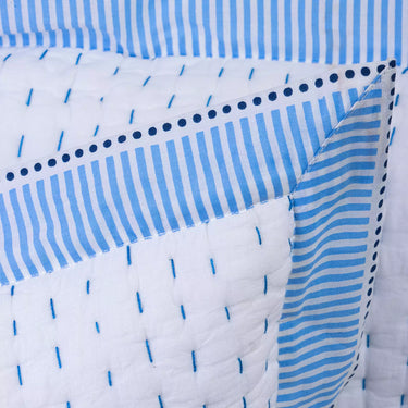 Handmade Blue Stripe Border Quilted Cotton Kantha Protector