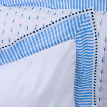 Handmade Blue Stripe Border Quilted Cotton Kantha Protector