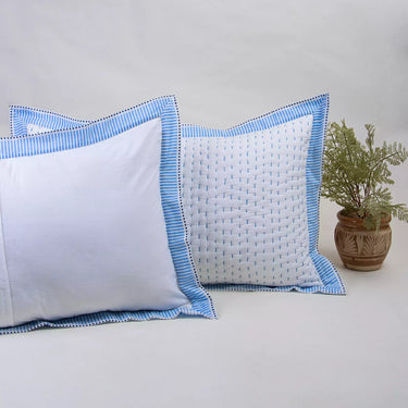 Handmade Blue Stripe Border Quilted Cotton Kantha Protector