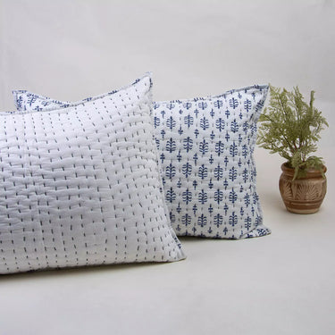 Handmade Blue Vintage Kantha Quilted Cotton Pillow Cover