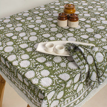 Handmade Green Floral Print Cotton Table Cover Design