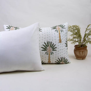 Handmade Green Palm Tree Kantha Quilted Cotton Pillow Cover