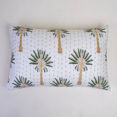 Handmade Green Palm Tree Kantha Quilted Cotton Pillow Cover