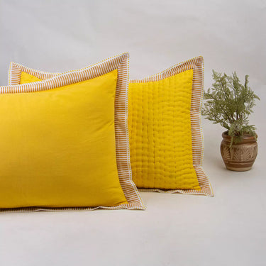 Handmade Yellow Quilted Cotton Kantha Stripe Pillow Cover