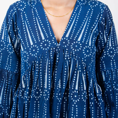 Indigo Block Printed Long Maxi Dress for Women