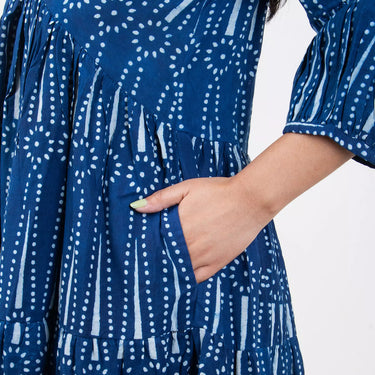 Indigo Block Printed Long Maxi Dress for Women