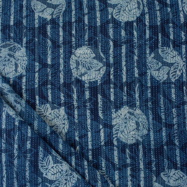 Indigo Blue Leaf Hand Block Printed Cotton Kantha Fabric