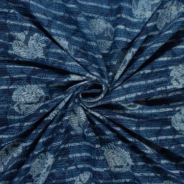 Indigo Blue Leaf Hand Block Printed Cotton Kantha Fabric