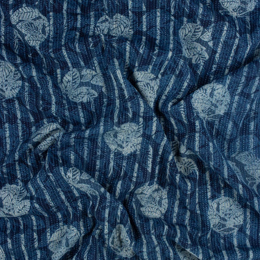 Indigo Blue Leaf Hand Block Printed Cotton Kantha Fabric