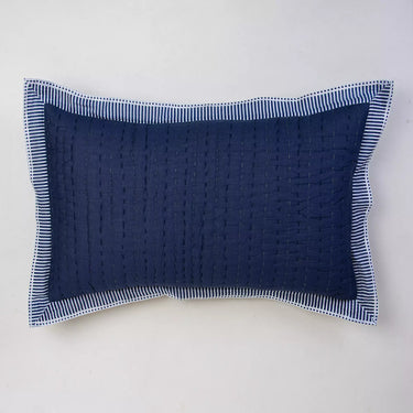 Indigo Blue Stripe Border Quilted Cotton Kantha Pillow Cover