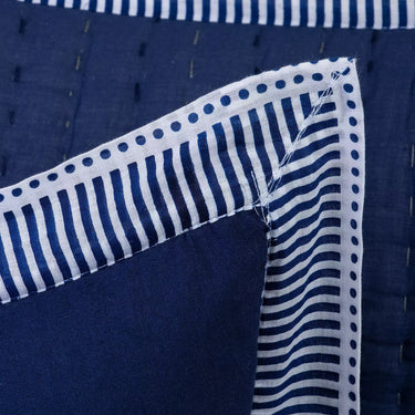 Indigo Blue Stripe Border Quilted Cotton Kantha Pillow Cover