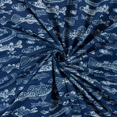 Indigo Cotton Fish Hand Block Print Fabric