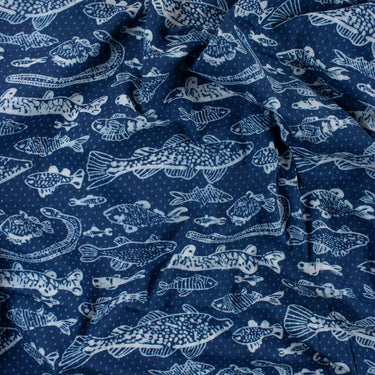 Indigo Cotton Fish Hand Block Print Fabric