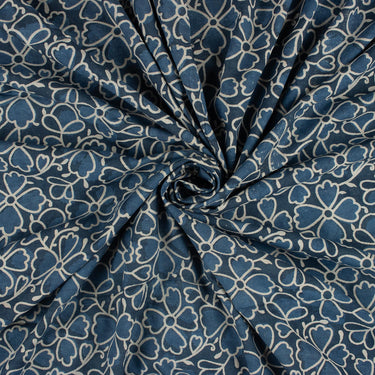 Indigo Floral Hand Block Print Fabric for Women's Clothing