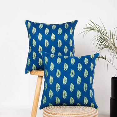 Indigo Green Cotton Leaf Block Print Cushion Covers
