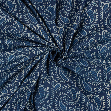 Leaf Hand Block Printed Indigo Fabric for Men's Clothing