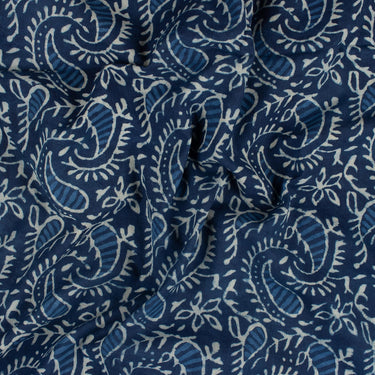 Leaf Hand Block Printed Indigo Fabric for Men's Clothing