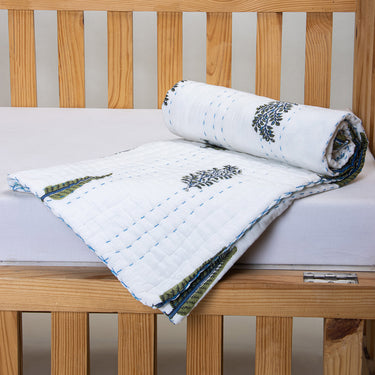 Leaf Print Reversible Kantha Pure Cotton Baby Quilt