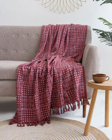 Maroon Soft Cotton Block Print Throw Blanket 