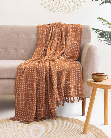 Mustard Yellow Block Print Sofa Throw Blanket Online