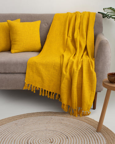 Mustard Yellow Plain Sofa Throw Blanket with Two Cushion Cover - Useful Gift Iteam for Home