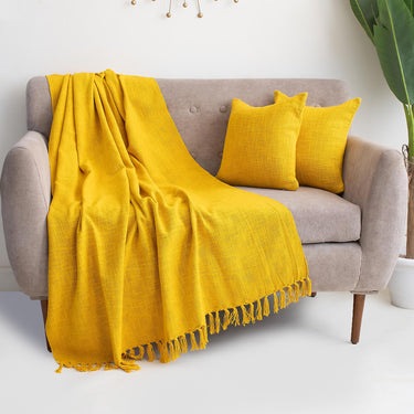 Mustard Yellow Plain Sofa Throw Blanket with Two Cushion Cover - Useful Gift Iteam for Home