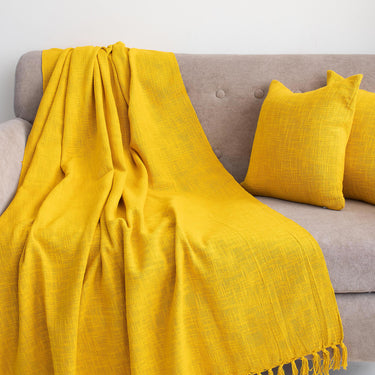 Mustard Yellow Plain Sofa Throw Blanket with Two Cushion Cover - Useful Gift Iteam for Home