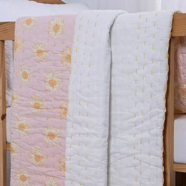 Natural Floral Cotton Hand Block Print Kantha Baby Quilt