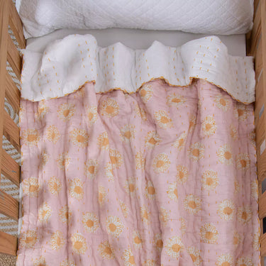 Natural Floral Cotton Hand Block Print Kantha Baby Quilt